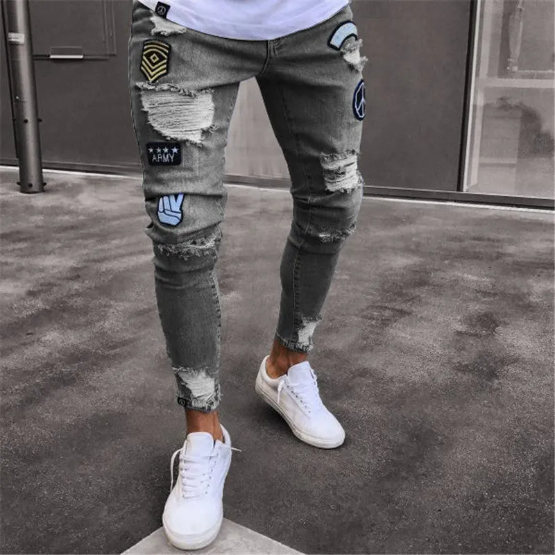 Badge High Waisted Jeans Slim Men's Ripped Jeans Pencil Pants