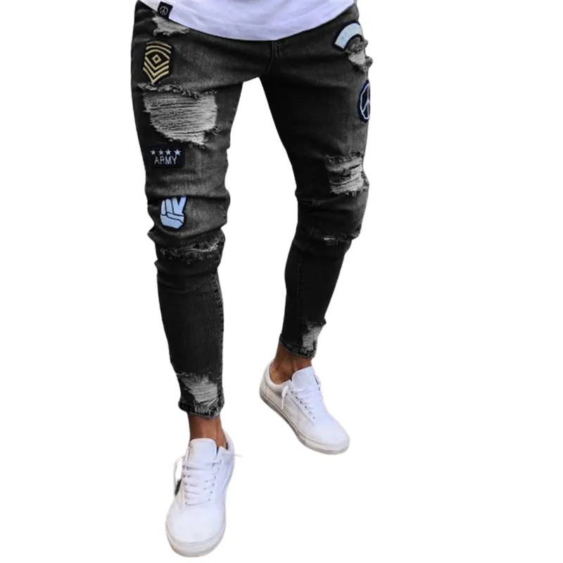 Badge High Waisted Jeans Slim Men's Ripped Jeans Pencil Pants