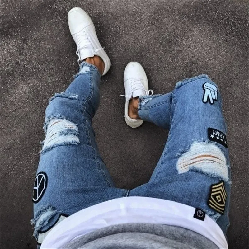 Badge High Waisted Jeans Slim Men's Ripped Jeans Pencil Pants