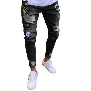 Badge High Waisted Jeans Slim Men's Ripped Jeans Pencil Pants