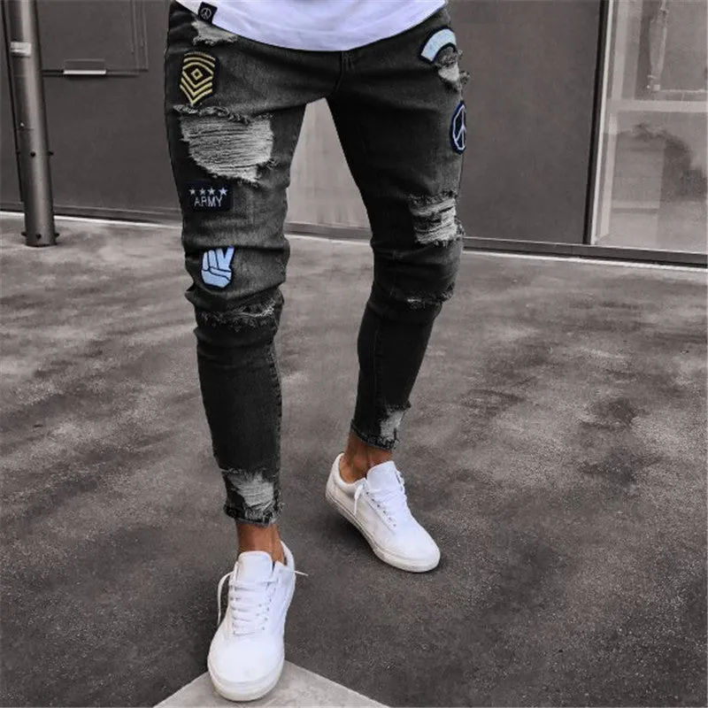 Badge High Waisted Jeans Slim Men's Ripped Jeans Pencil Pants