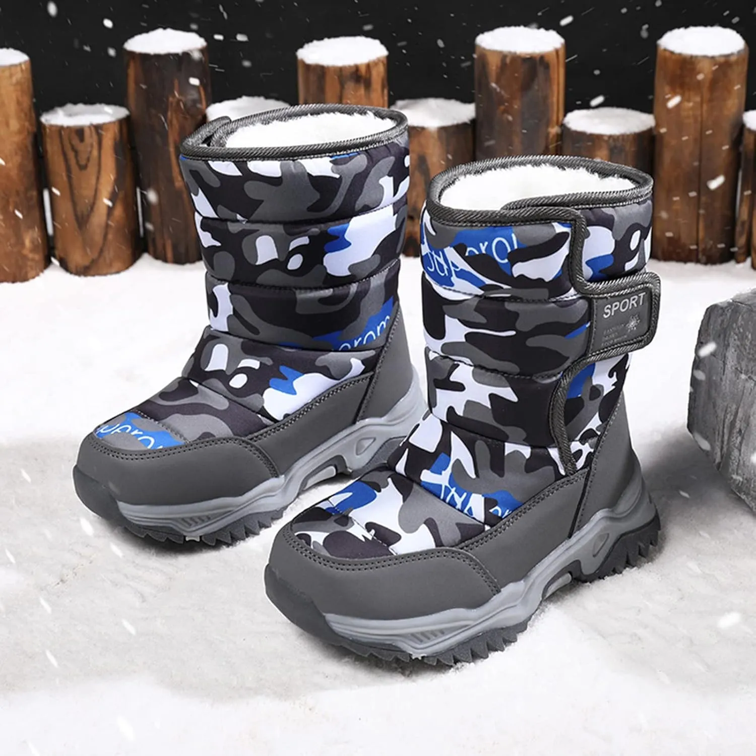 Big Kid Snow Boots Winter Camouflage Boy Shoes Wterproof Hook And Loop Mid Calf Faux Fur Liing Winter Shoes