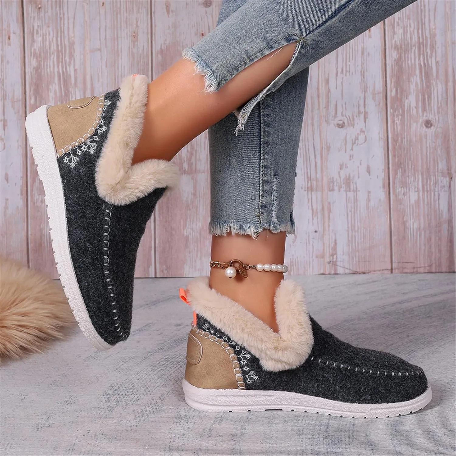 Lausiuoe Boots For Women Ankle Booties With Fur Lined Warm Snow Winter Fuzzy Booties Silp On Comfortable Casual Loafers Shoes