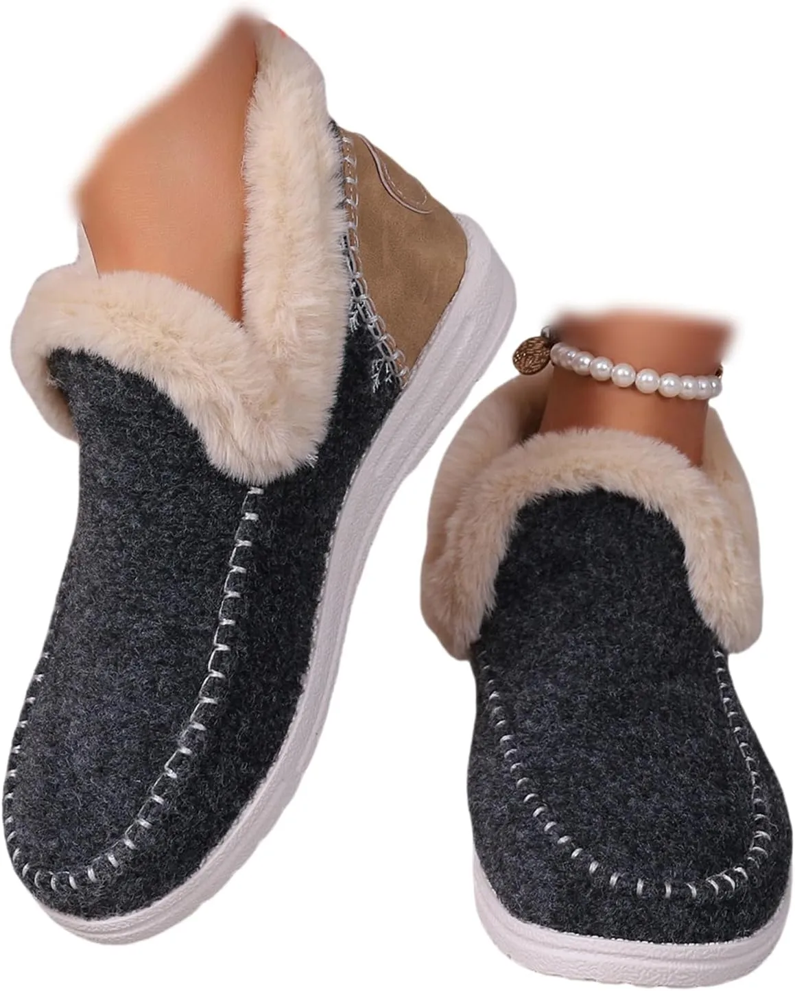 Lausiuoe Boots For Women Ankle Booties With Fur Lined Warm Snow Winter Fuzzy Booties Silp On Comfortable Casual Loafers Shoes