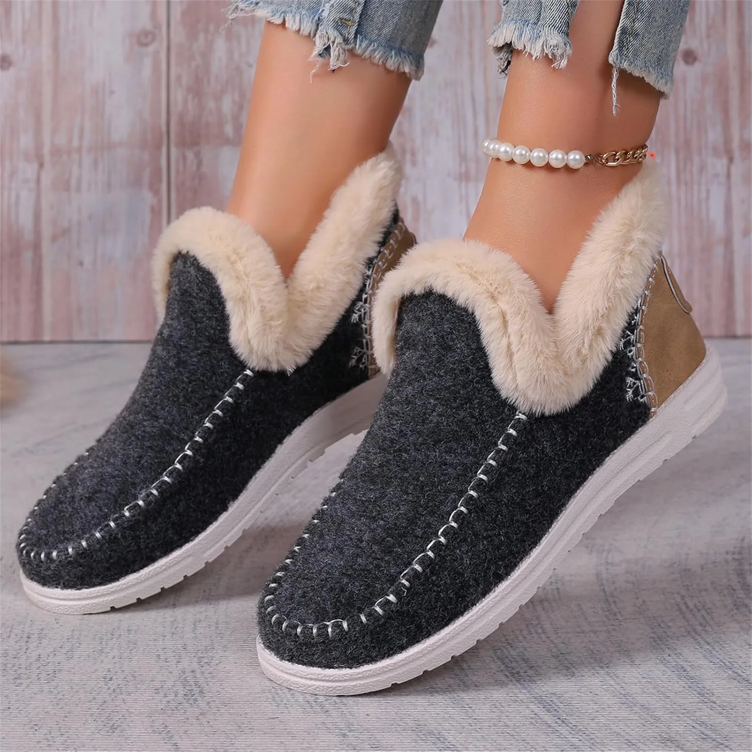 Lausiuoe Boots For Women Ankle Booties With Fur Lined Warm Snow Winter Fuzzy Booties Silp On Comfortable Casual Loafers Shoes
