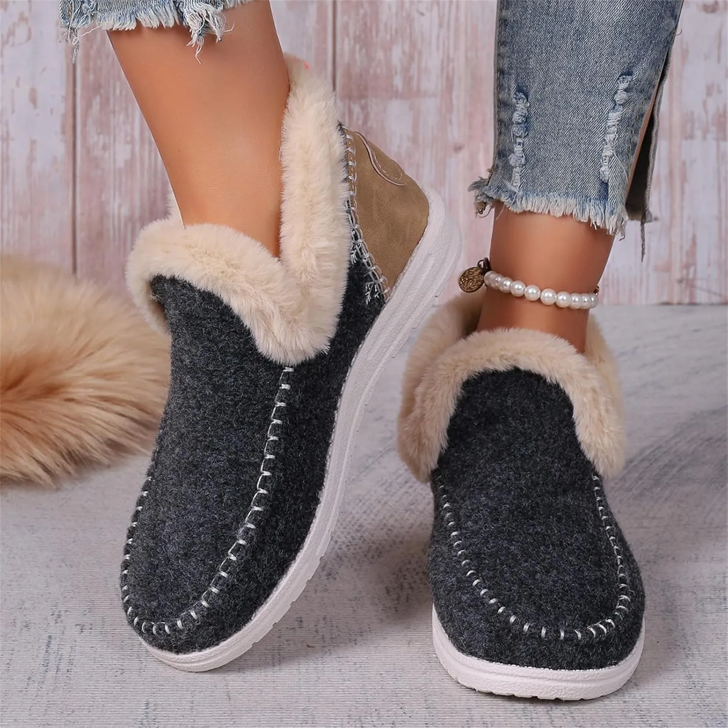 Lausiuoe Boots For Women Ankle Booties With Fur Lined Warm Snow Winter Fuzzy Booties Silp On Comfortable Casual Loafers Shoes