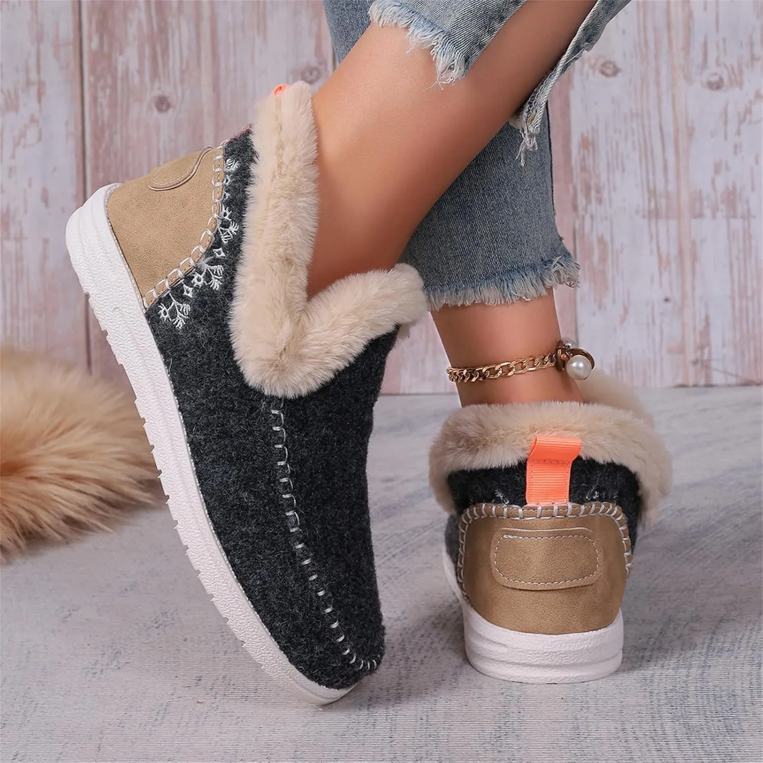 Lausiuoe Boots For Women Ankle Booties With Fur Lined Warm Snow Winter Fuzzy Booties Silp On Comfortable Casual Loafers Shoes