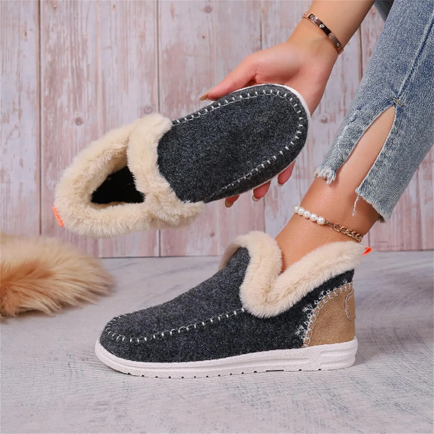 Lausiuoe Boots For Women Ankle Booties With Fur Lined Warm Snow Winter Fuzzy Booties Silp On Comfortable Casual Loafers Shoes