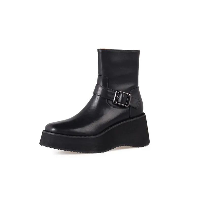 Leather Platform Wedge Boots 70mm Heeled with Buckle and Size Zipper in Black