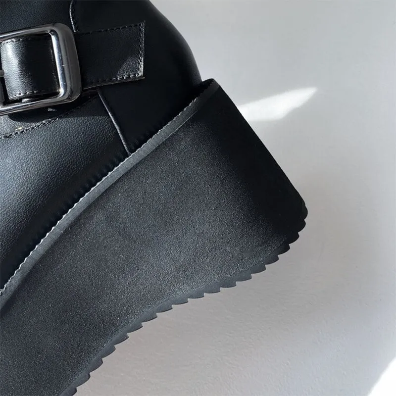 Leather Platform Wedge Boots 70mm Heeled with Buckle and Size Zipper in Black