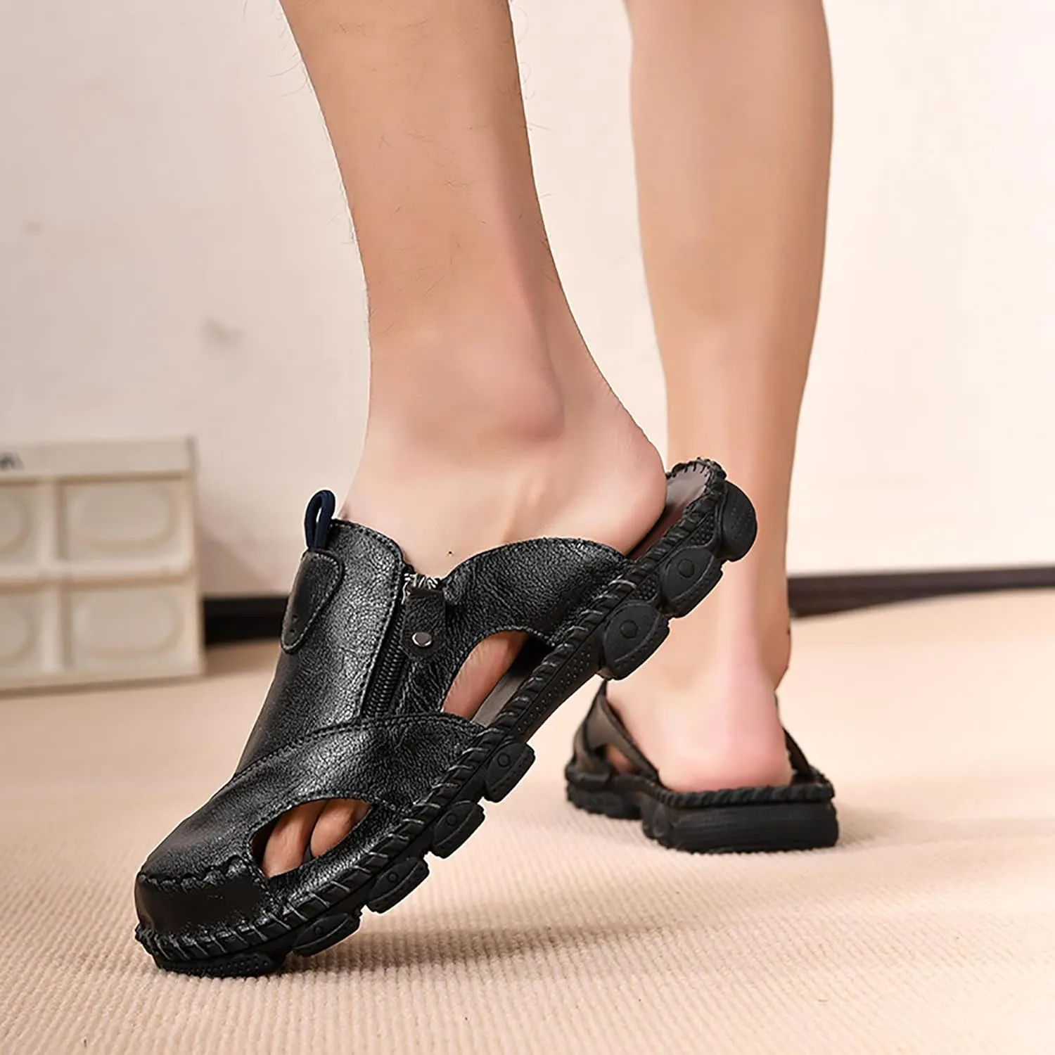 Mens Leather Sandals Hollow Closed Toe Summer Outdoor Casual Beach Shoes