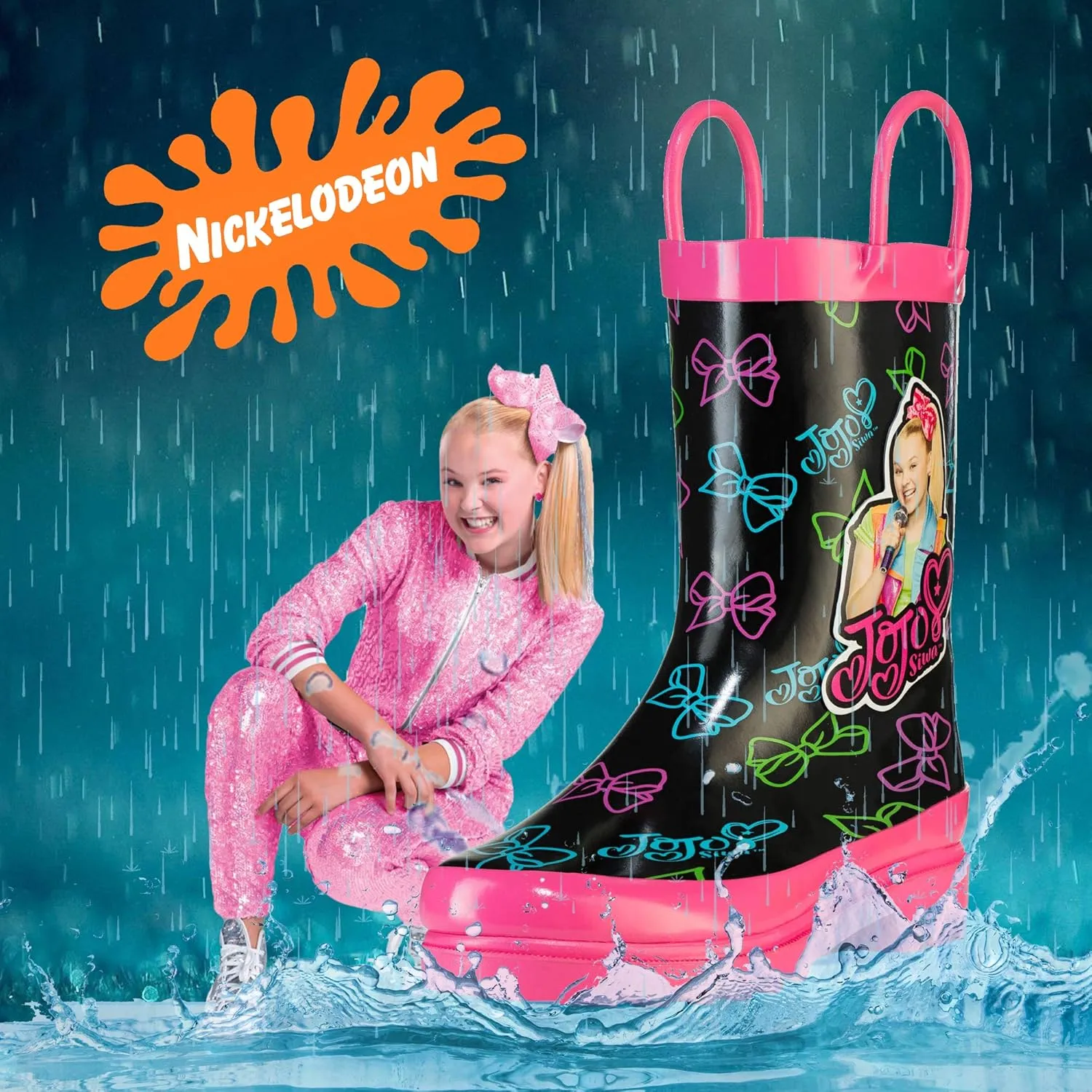 Nickelodeon Kids Girls' JoJo Siwa Character Printed Waterproof Easy-On Handles Rubber Rain Boots - Toddler/Little Kids