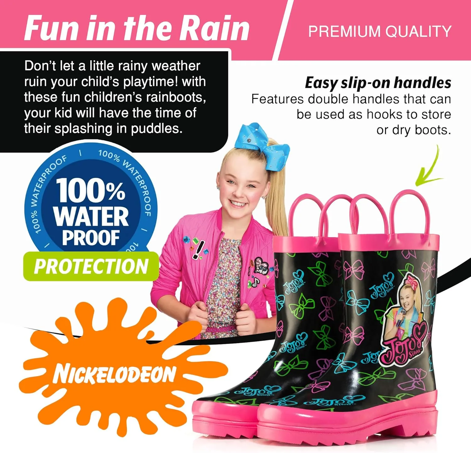 Nickelodeon Kids Girls' JoJo Siwa Character Printed Waterproof Easy-On Handles Rubber Rain Boots - Toddler/Little Kids