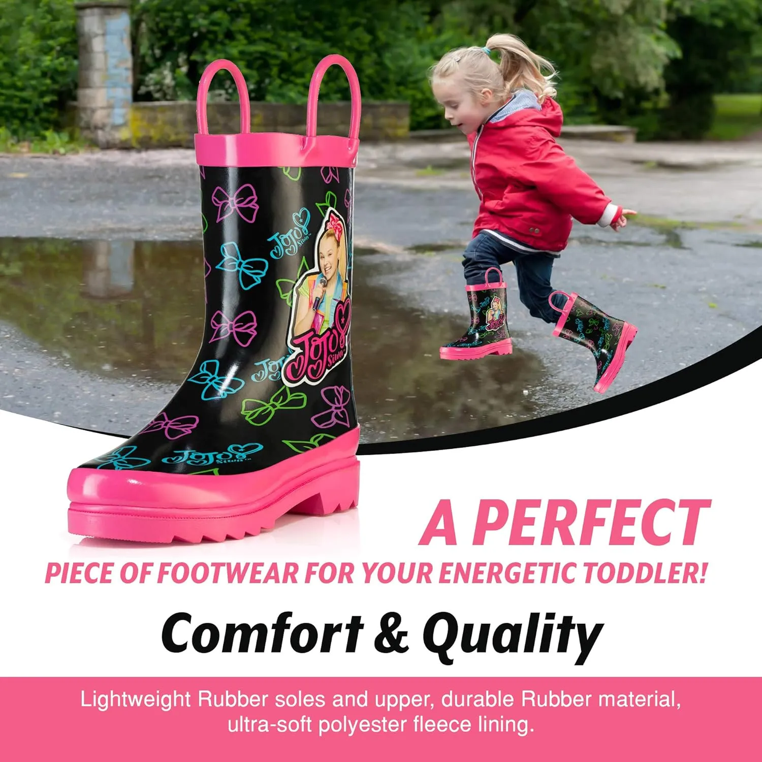 Nickelodeon Kids Girls' JoJo Siwa Character Printed Waterproof Easy-On Handles Rubber Rain Boots - Toddler/Little Kids