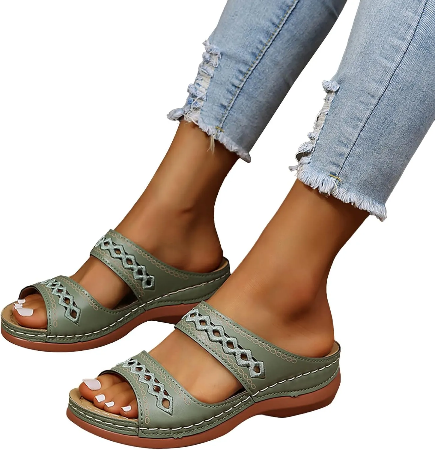Orthopedic Sandals for Women, Women Wedge Walking Slippers with Arch Support Anti-Slip Breathable Sandal Slip On Flip Flops Dressy Summer Comfy Platform Beach Travel Sandal Shoes (04-Green, 8)