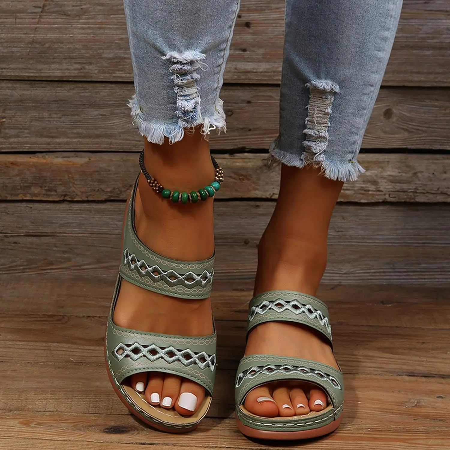 Orthopedic Sandals for Women, Women Wedge Walking Slippers with Arch Support Anti-Slip Breathable Sandal Slip On Flip Flops Dressy Summer Comfy Platform Beach Travel Sandal Shoes (04-Green, 8)