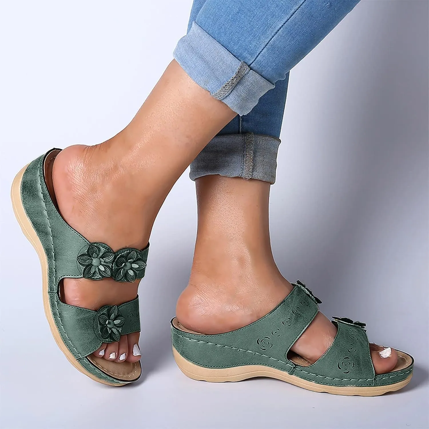 Orthopedic Sandals for Women, Women Wedge Walking Slippers with Arch Support Anti-Slip Breathable Sandal Slip On Flip Flops Dressy Summer Comfy Platform Beach Travel Sandal Shoes (06-Green, 8)