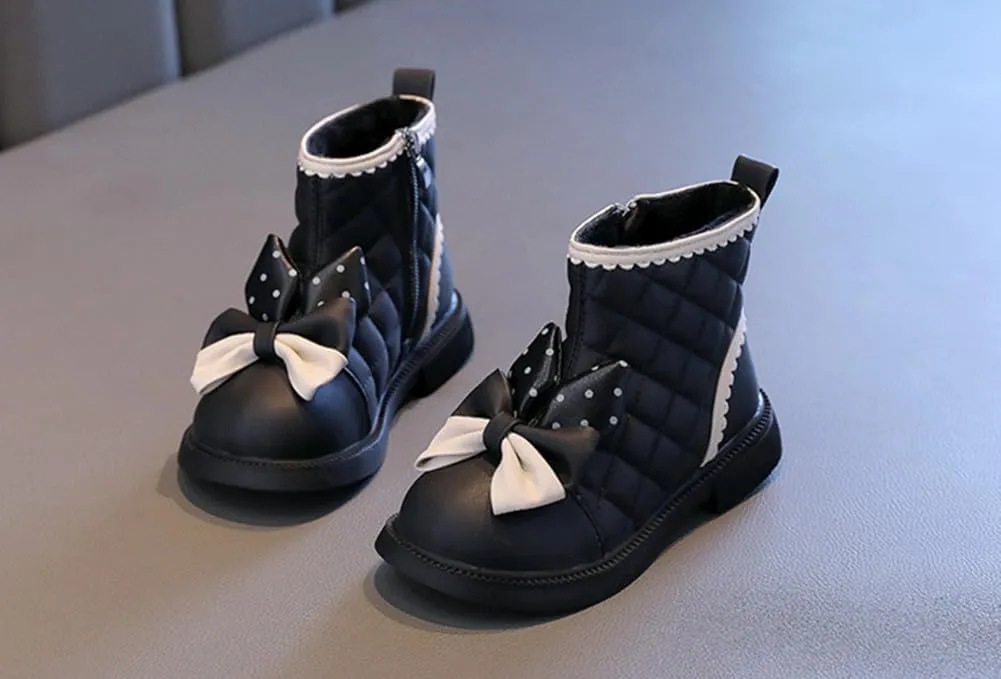 Toddler Girls Adorable Bowknot Fur Lined Ankle Boots Kids Outdoor Side Zipper Short Booties Winter Warm Shoes