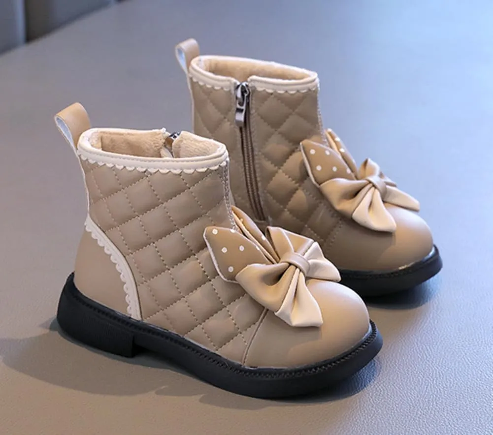 Toddler Girls Adorable Bowknot Fur Lined Ankle Boots Kids Outdoor Side Zipper Short Booties Winter Warm Shoes