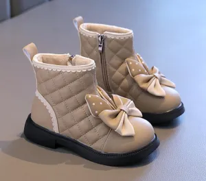 Toddler Girls Adorable Bowknot Fur Lined Ankle Boots Kids Outdoor Side Zipper Short Booties Winter Warm Shoes