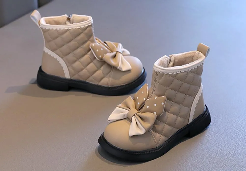 Toddler Girls Adorable Bowknot Fur Lined Ankle Boots Kids Outdoor Side Zipper Short Booties Winter Warm Shoes