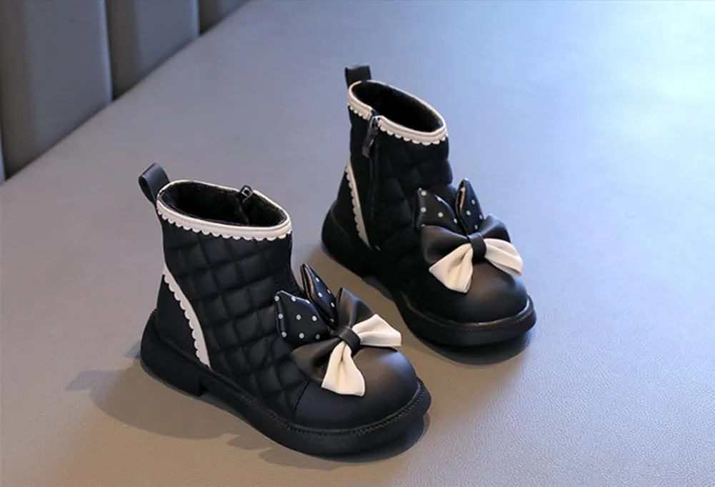 Toddler Girls Adorable Bowknot Fur Lined Ankle Boots Kids Outdoor Side Zipper Short Booties Winter Warm Shoes