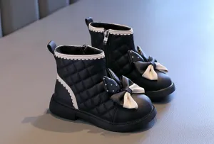 Toddler Girls Adorable Bowknot Fur Lined Ankle Boots Kids Outdoor Side Zipper Short Booties Winter Warm Shoes