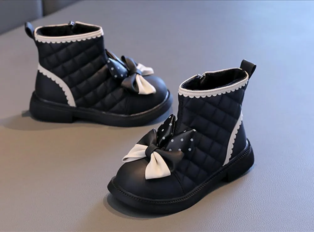 Toddler Girls Adorable Bowknot Fur Lined Ankle Boots Kids Outdoor Side Zipper Short Booties Winter Warm Shoes