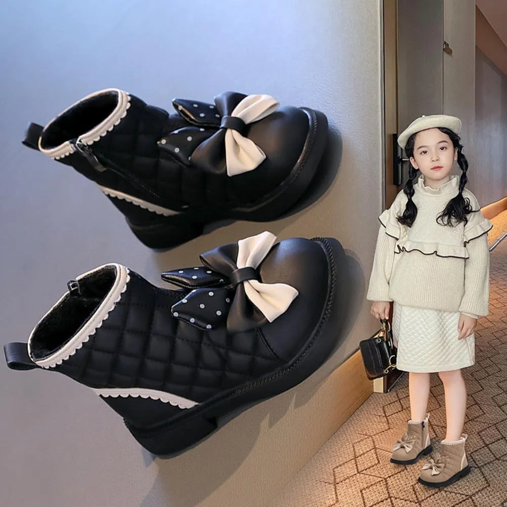 Toddler Girls Adorable Bowknot Fur Lined Ankle Boots Kids Outdoor Side Zipper Short Booties Winter Warm Shoes