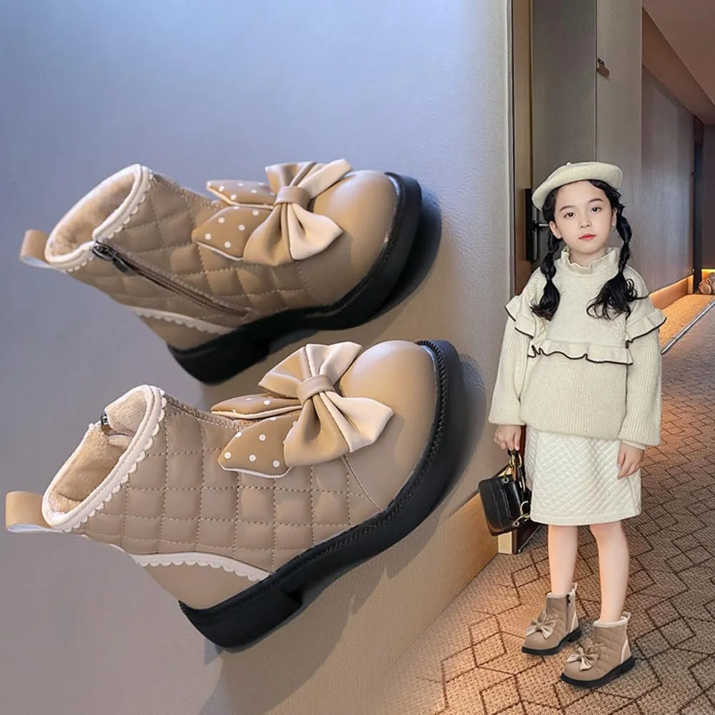 Toddler Girls Adorable Bowknot Fur Lined Ankle Boots Kids Outdoor Side Zipper Short Booties Winter Warm Shoes