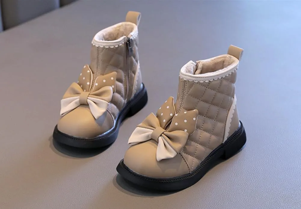 Toddler Girls Adorable Bowknot Fur Lined Ankle Boots Kids Outdoor Side Zipper Short Booties Winter Warm Shoes