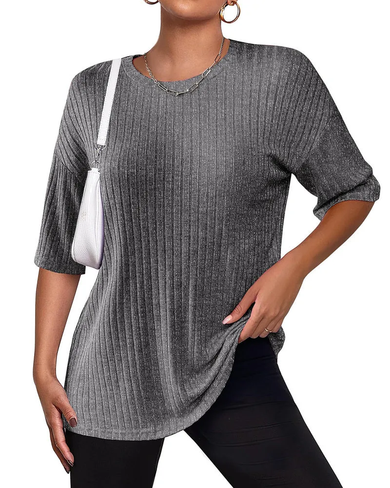 Zeagoo Ribbed Knit Short Sleeve Casual Tunic Tops