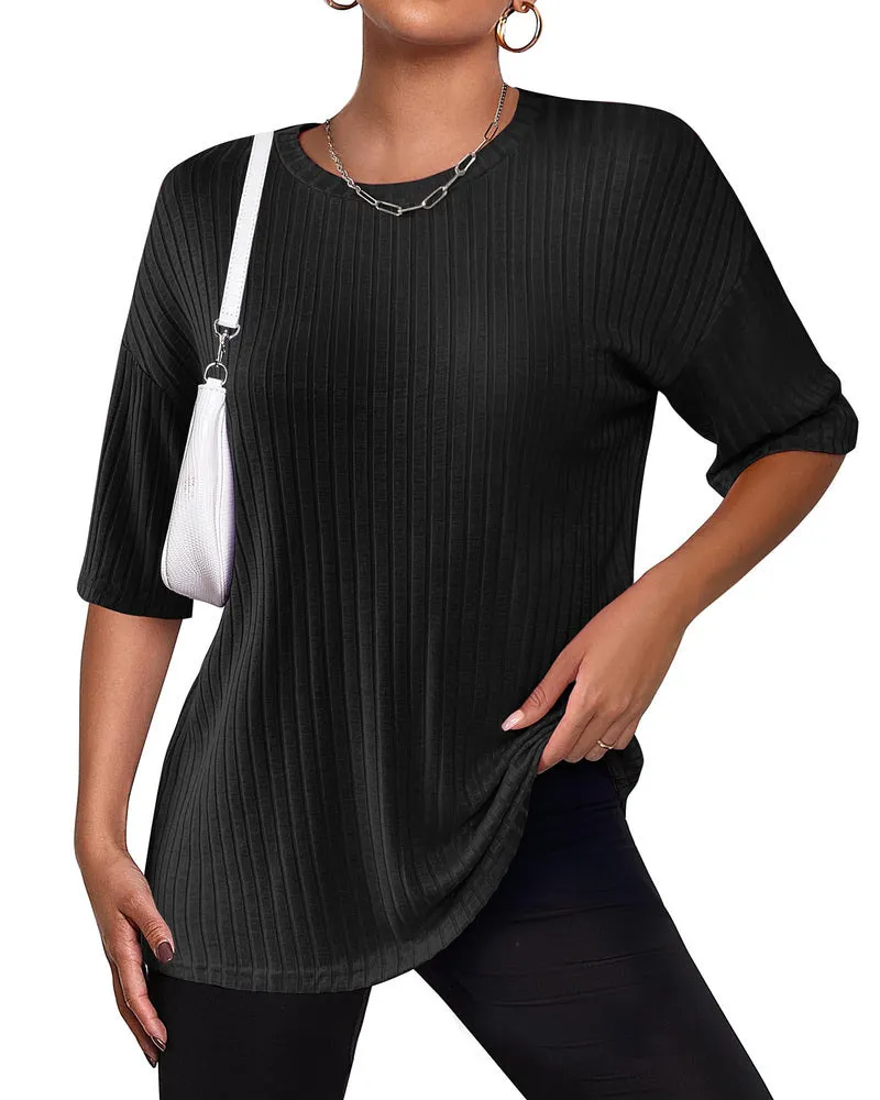 Zeagoo Ribbed Knit Short Sleeve Casual Tunic Tops